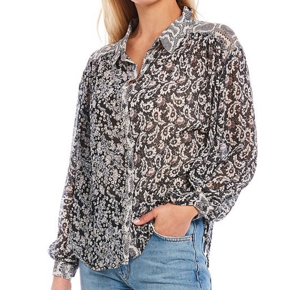 FREE PEOPLE Dani Button Down Pieced-Print Top - Picture 1 of 14